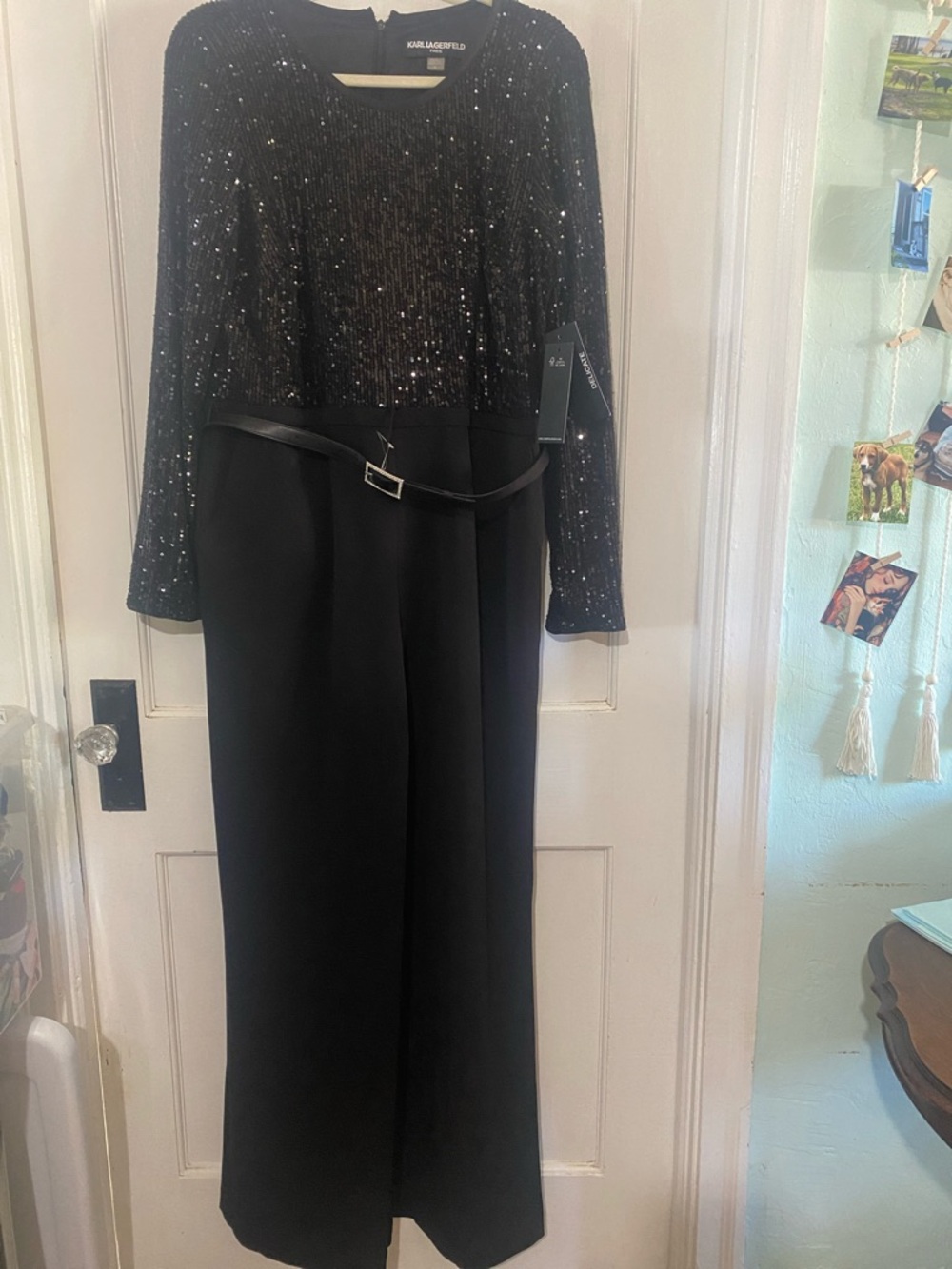 Karl Lagerfeld Black Sequin Bodice Wide-Leg Jumpsuit